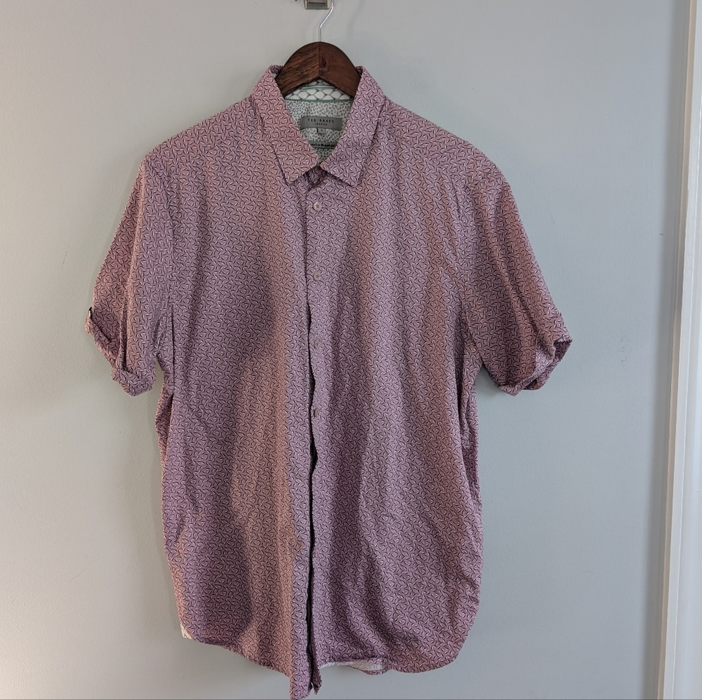 Men's Ted Baker Pink 5 XL Geometric Button Shirt Short Sleeve Dressy Casual